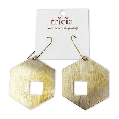 Tricia Handmade Hexagon with Squares Brass Earrings - Caribshopper