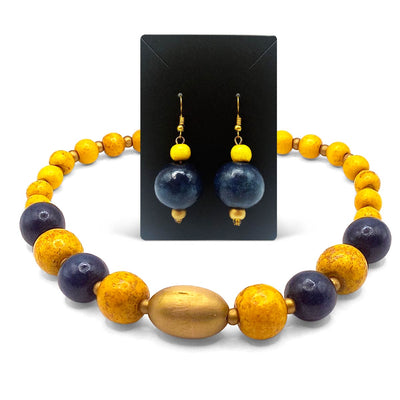 CW Artisinal Jewellery Yellow & Navy Blue Wooden Statement Set - Caribshopper