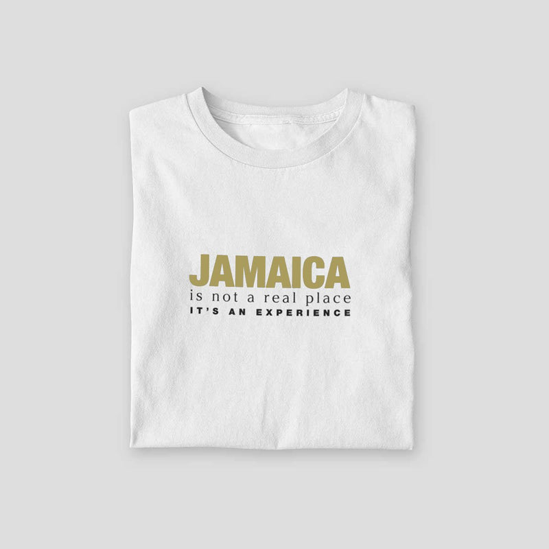 From JA XOXO "Jamaica is not a real place" White T-shirt with Gold Metallic - Caribshopper