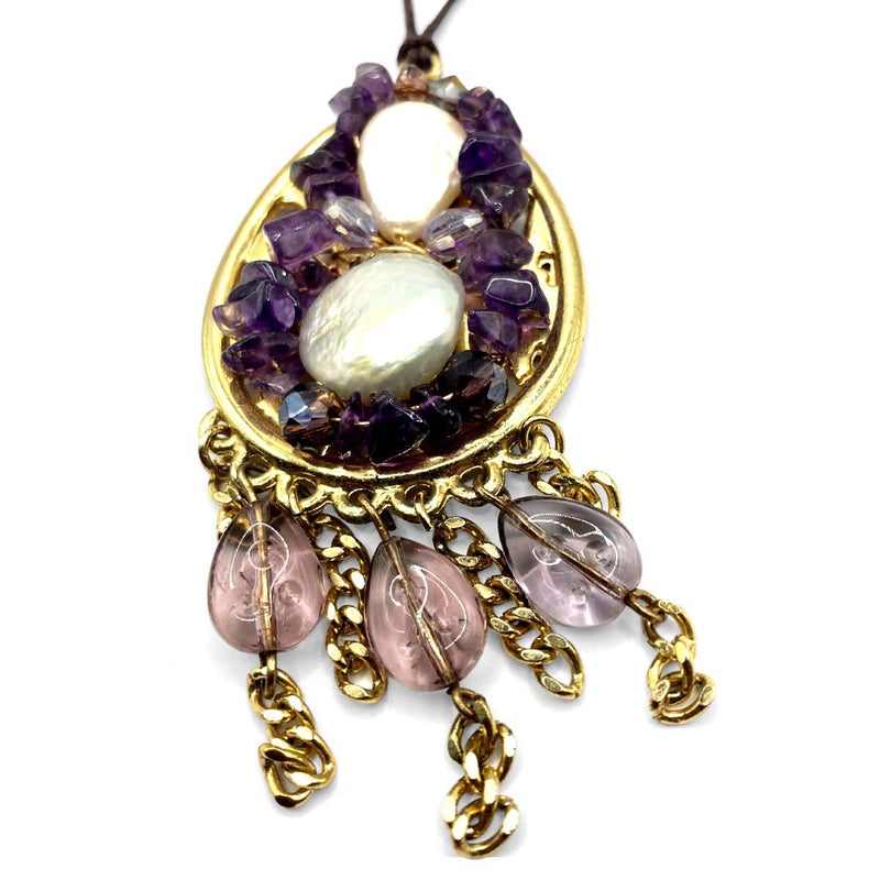 Humble Bunny Amethyst Ametrine and Pearl Adjustable Dream Catcher Inspired Necklace - Caribshopper