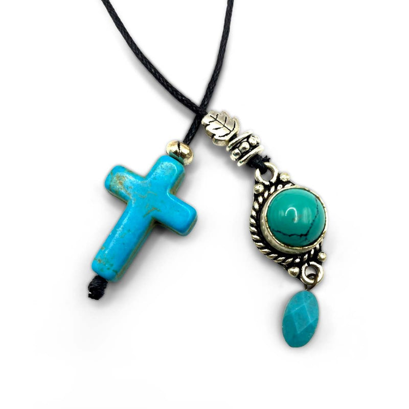 Humble Bunny Turquoise Cross with Turquoise Cabushon Pendant Piece Throws /Lariat Type Necklaces - Caribshopper