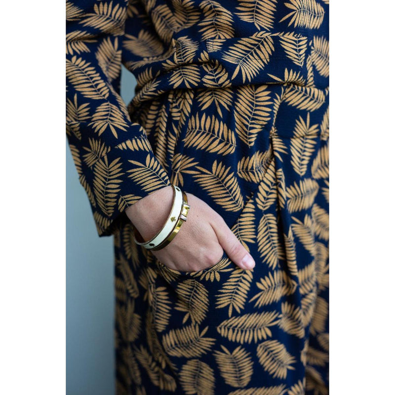 ANYA AYOUNG CHEE Savannah Elastic Waist Trousers Navy w/Khaki Palm Leaf Print - Caribshopper