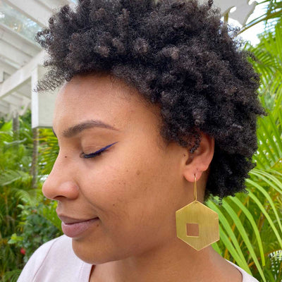 Tricia Handmade Hexagon with Squares Brass Earrings - Caribshopper