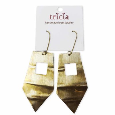 Tricia Handmade Off Triangle with Squares Brass Earrings - Caribshopper